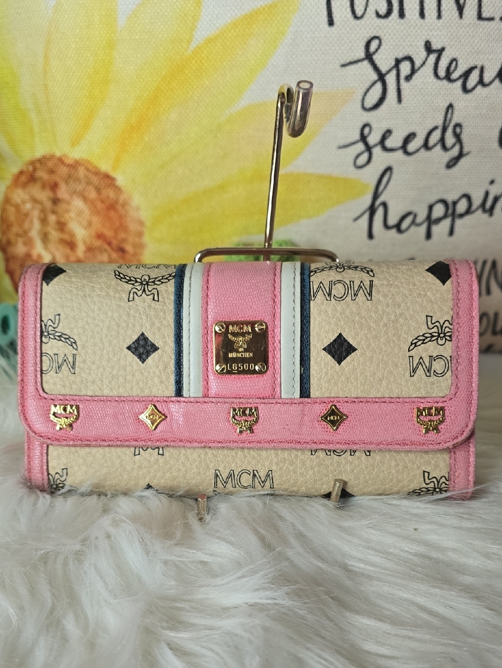 MCM Beige Visetos Wallet with Pink Trim and Navy-White Stripe